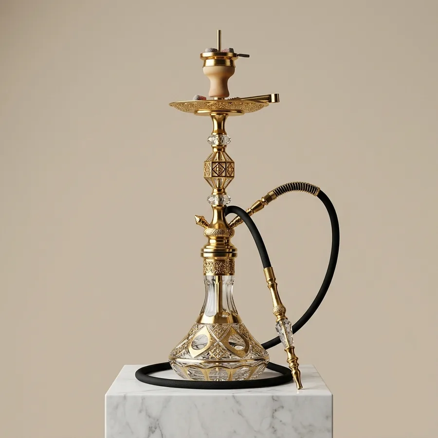 Crúca Bites luxury crystal and gray hookah on marble pedestal